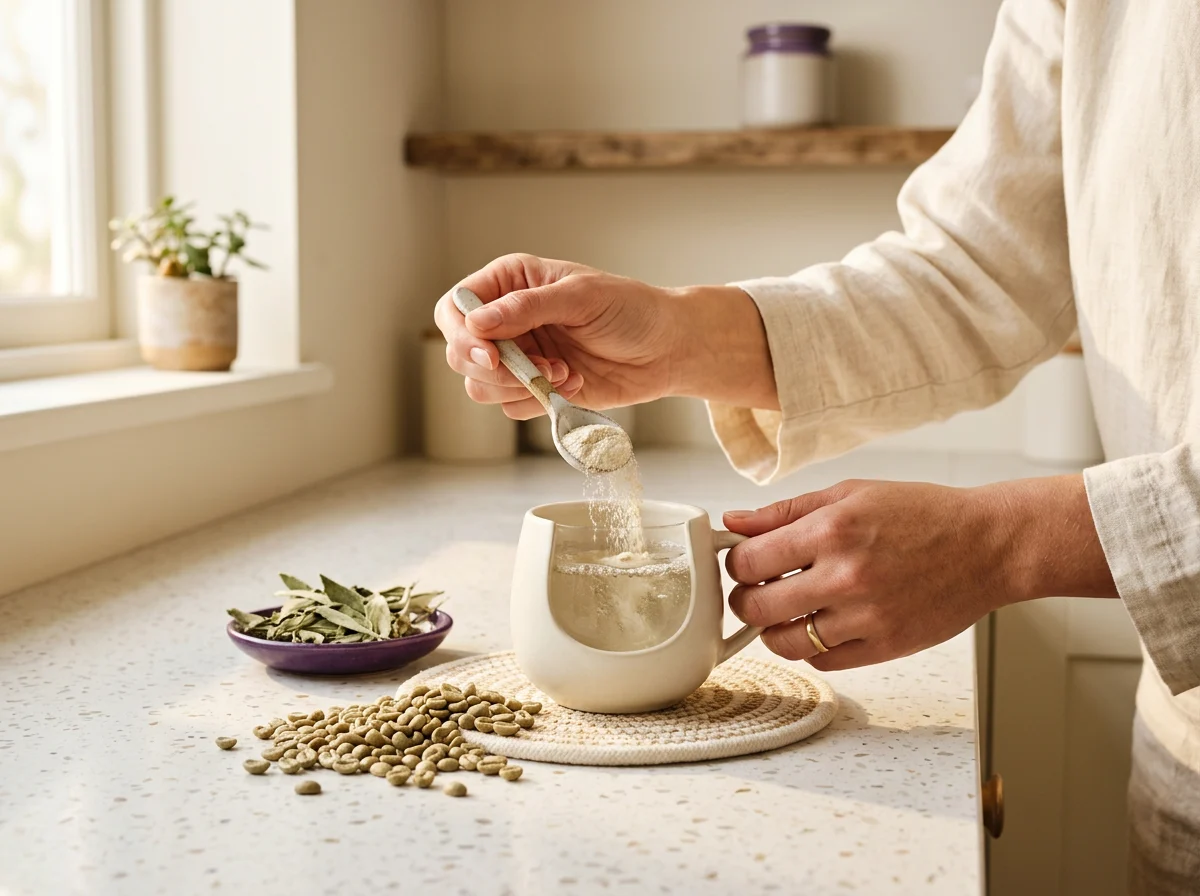 Hands preparing botanical energy supplement daily routine morning drink